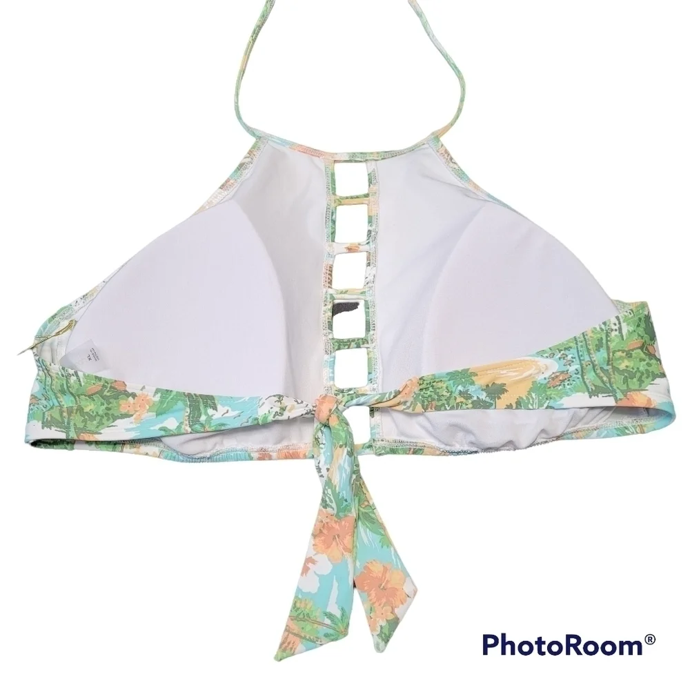 Mynah‎ Green Multicolor Tropical Floral High Neck Halter Tie Bikini Swim Top L